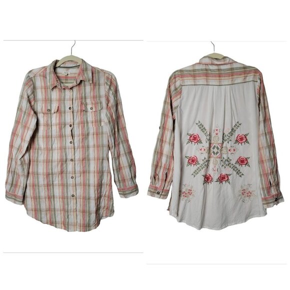 Kyla Seo Plaid Embroidered Floral Roll Tab Sleeve Western Button Up Shirt - Picture 1 of 10